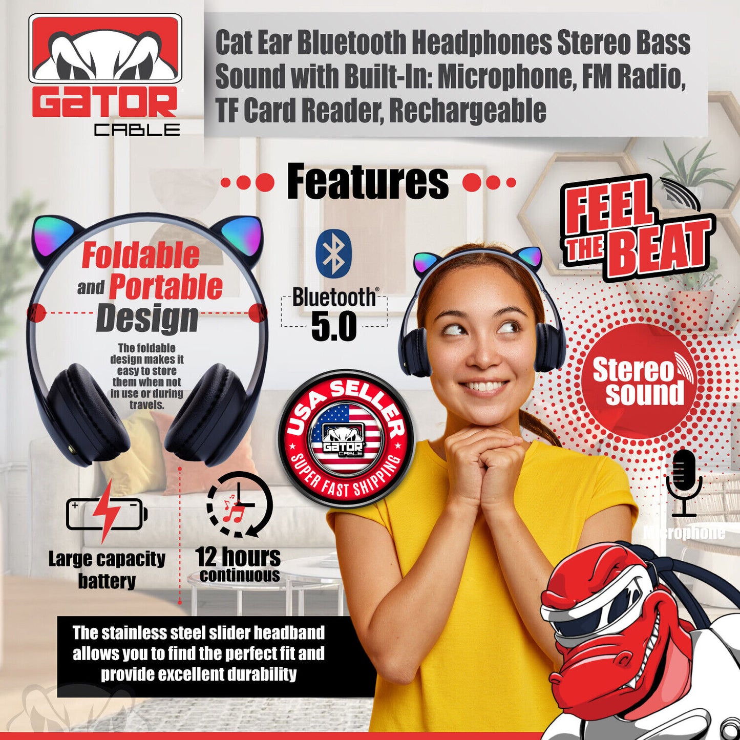 Cat Rabbit Ears Wireless Bluetooth Headphones Earphones MIC LED Lights for Kids