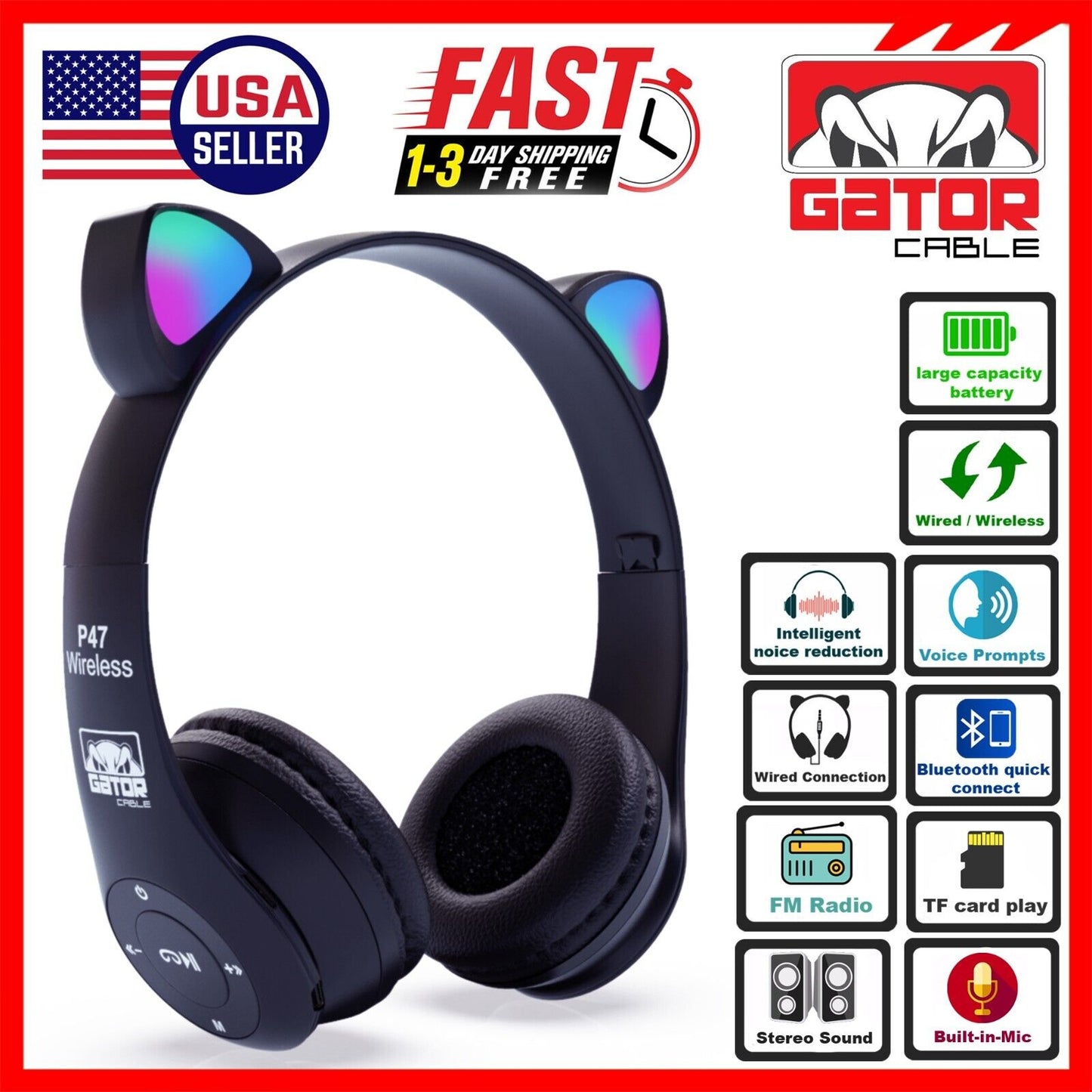 Cat Rabbit Ears Wireless Bluetooth Headphones Earphones MIC LED Lights for Kids