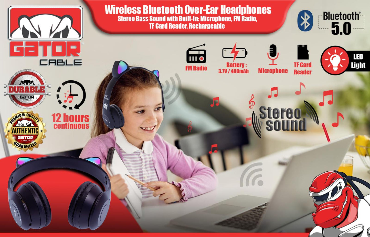 Cat Rabbit Ears Wireless Bluetooth Headphones Earphones MIC LED Lights for Kids
