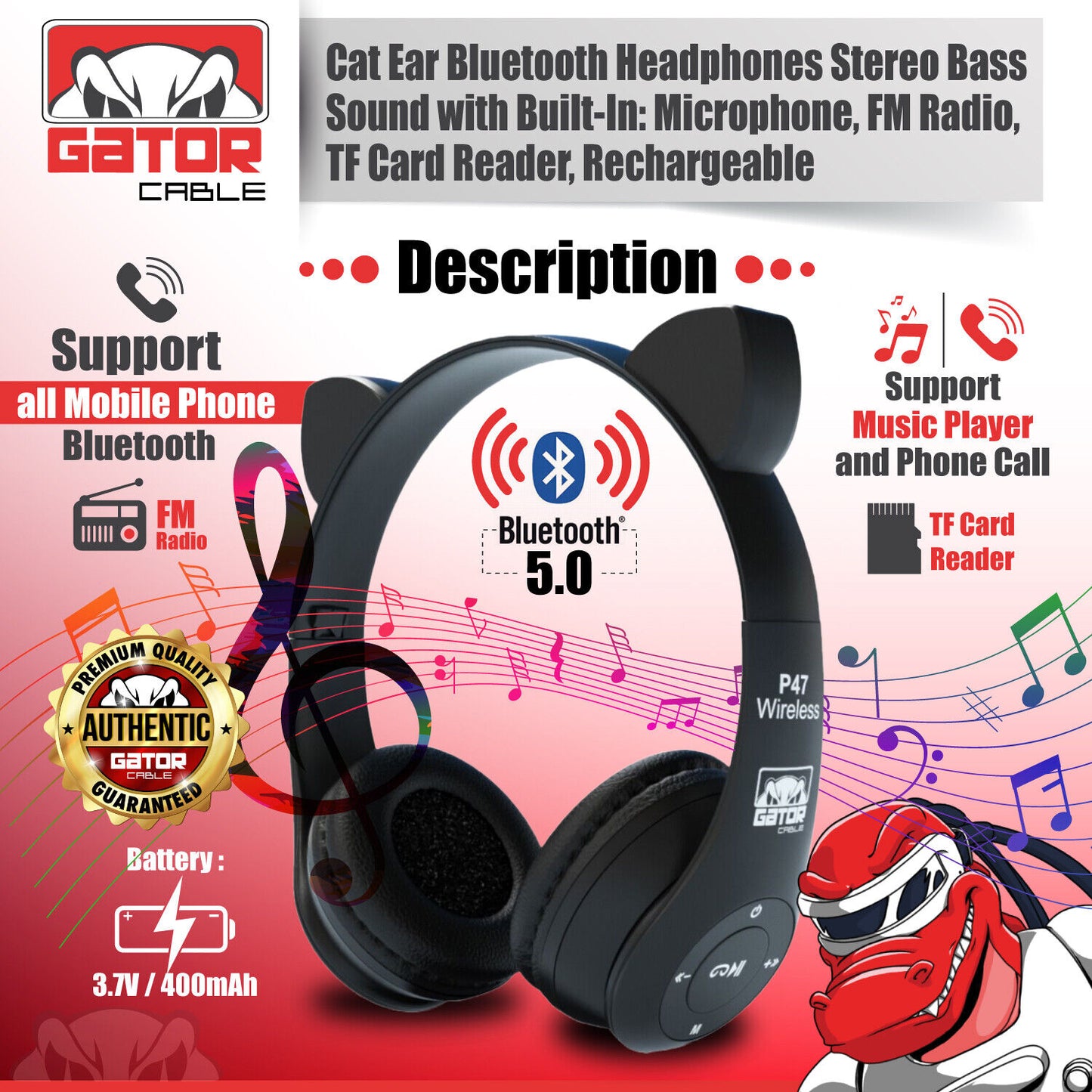 Cat Rabbit Ears Wireless Bluetooth Headphones Earphones MIC LED Lights for Kids
