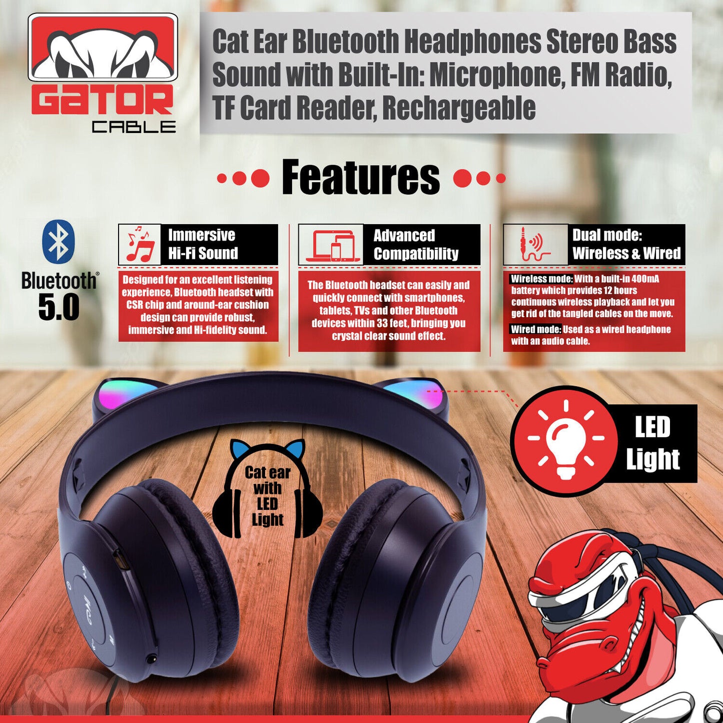 Cat Rabbit Ears Wireless Bluetooth Headphones Earphones MIC LED Lights for Kids
