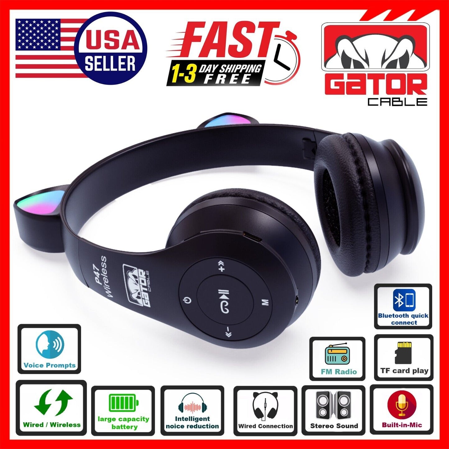 Cat Rabbit Ears Wireless Bluetooth Headphones Earphones MIC LED Lights for Kids