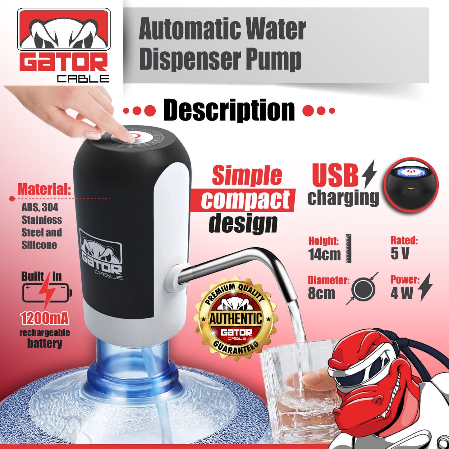 Water Bottle Switch Pump Electric Automatic Dispenser 5 Gallon USB Universal