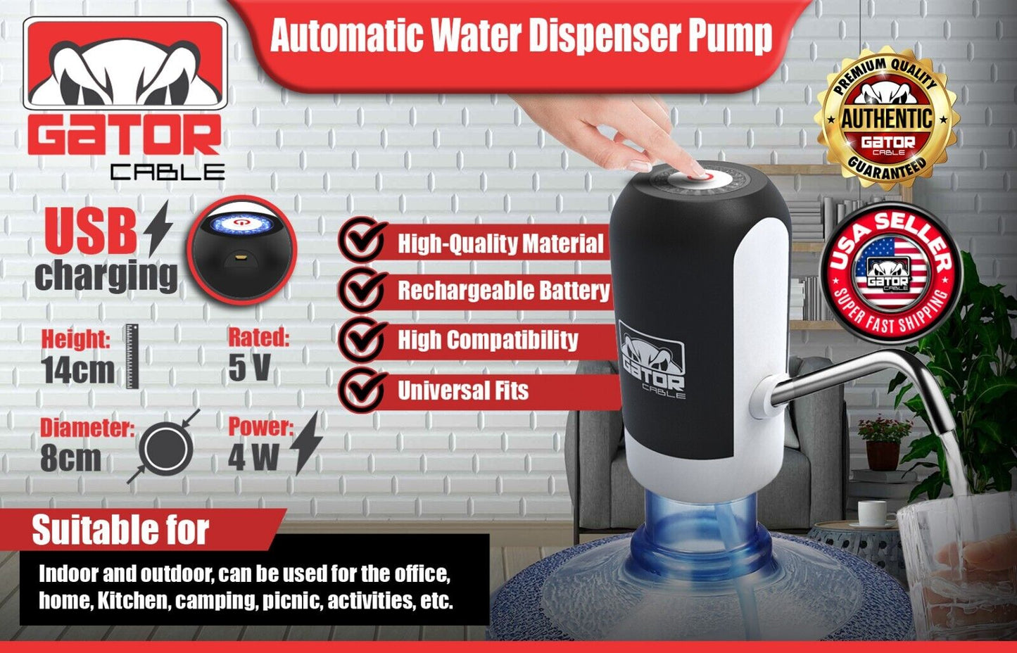 Water Bottle Switch Pump Electric Automatic Dispenser 5 Gallon USB Universal