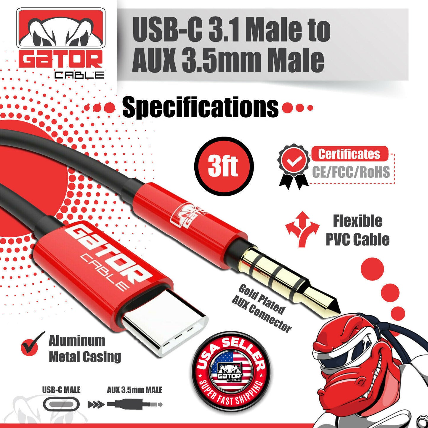 USB-C to AUX 3.5mm Cable Audio Adapter For S9 S10 S20 S21 S22 S23 S24 Note 8 9