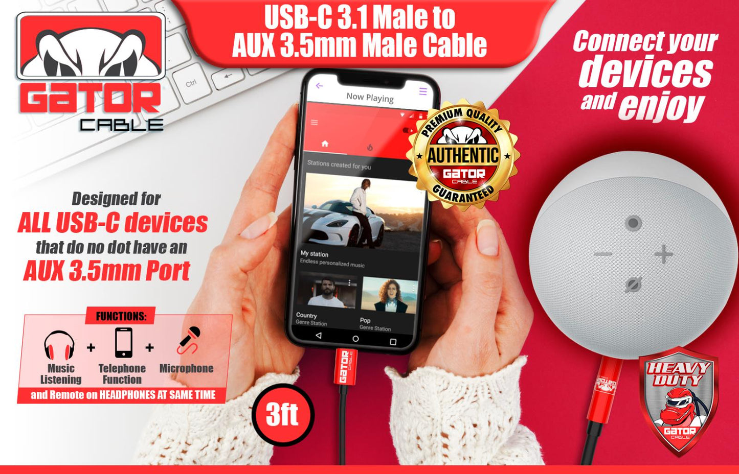 USB-C to AUX 3.5mm Cable Audio Adapter For S9 S10 S20 S21 S22 S23 S24 Note 8 9