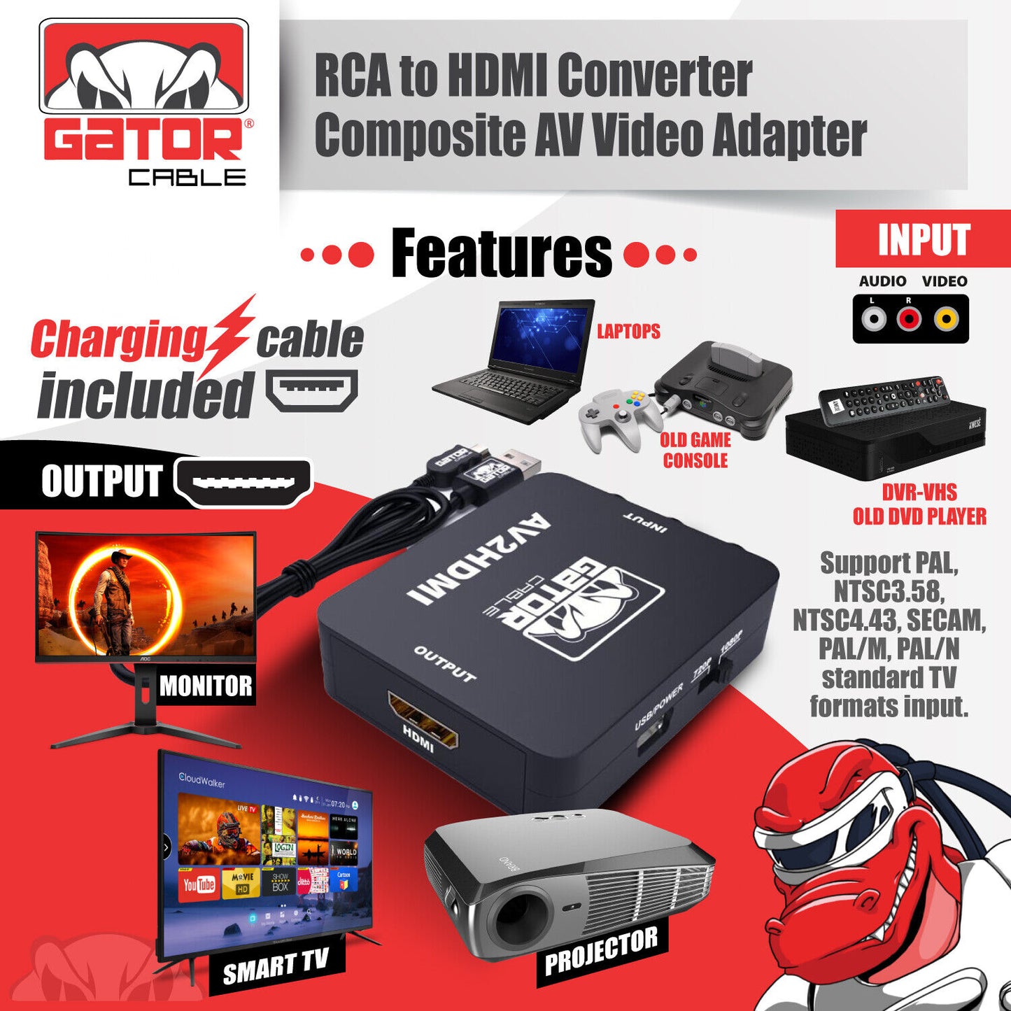 RCA AV to HDMI HD Converter Adapter Composite 3RCA CVBS Audio Video Wii NES SNES