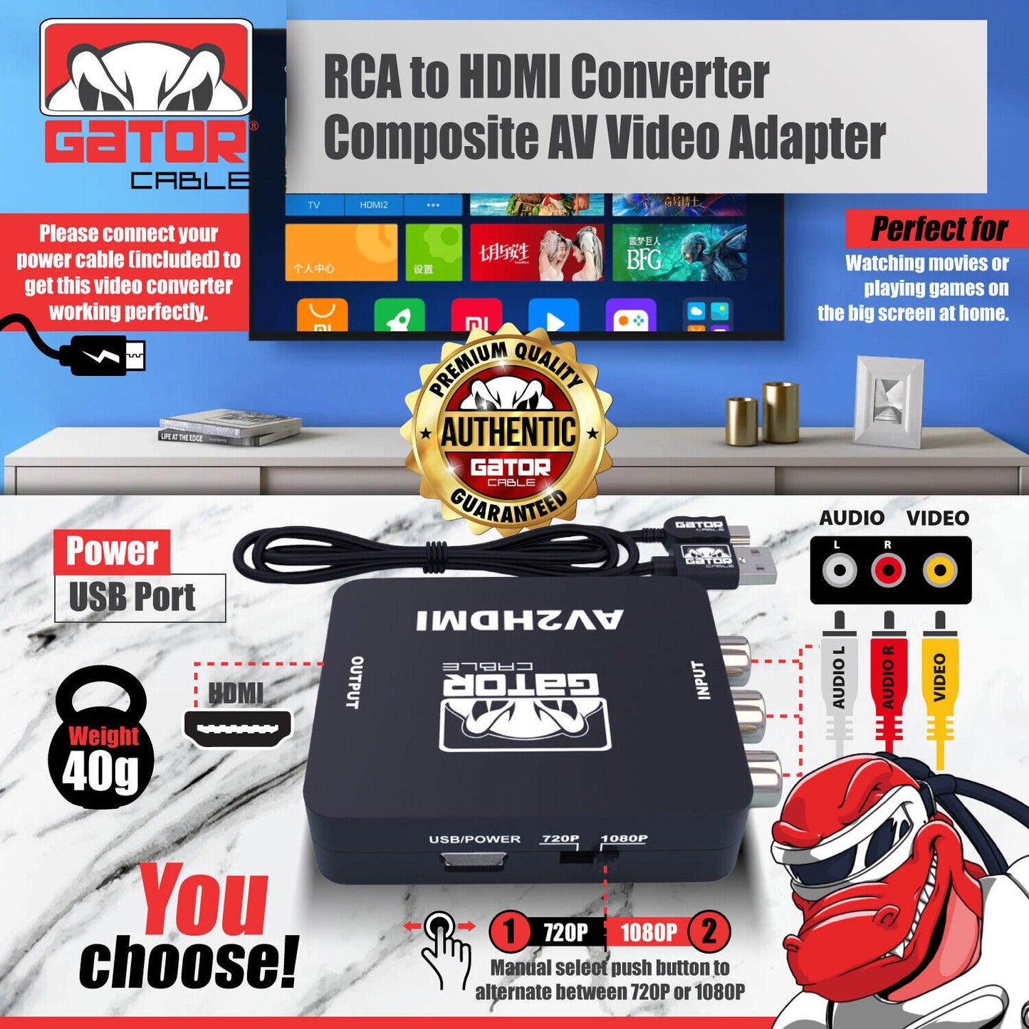 RCA AV to HDMI HD Converter Adapter Composite 3RCA CVBS Audio Video Wii NES SNES