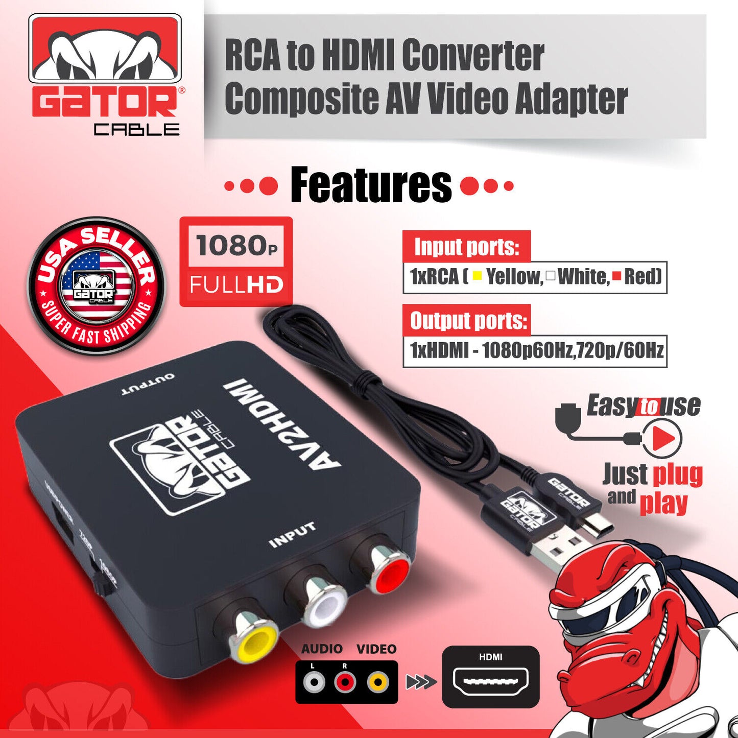 RCA AV to HDMI HD Converter Adapter Composite 3RCA CVBS Audio Video Wii NES SNES