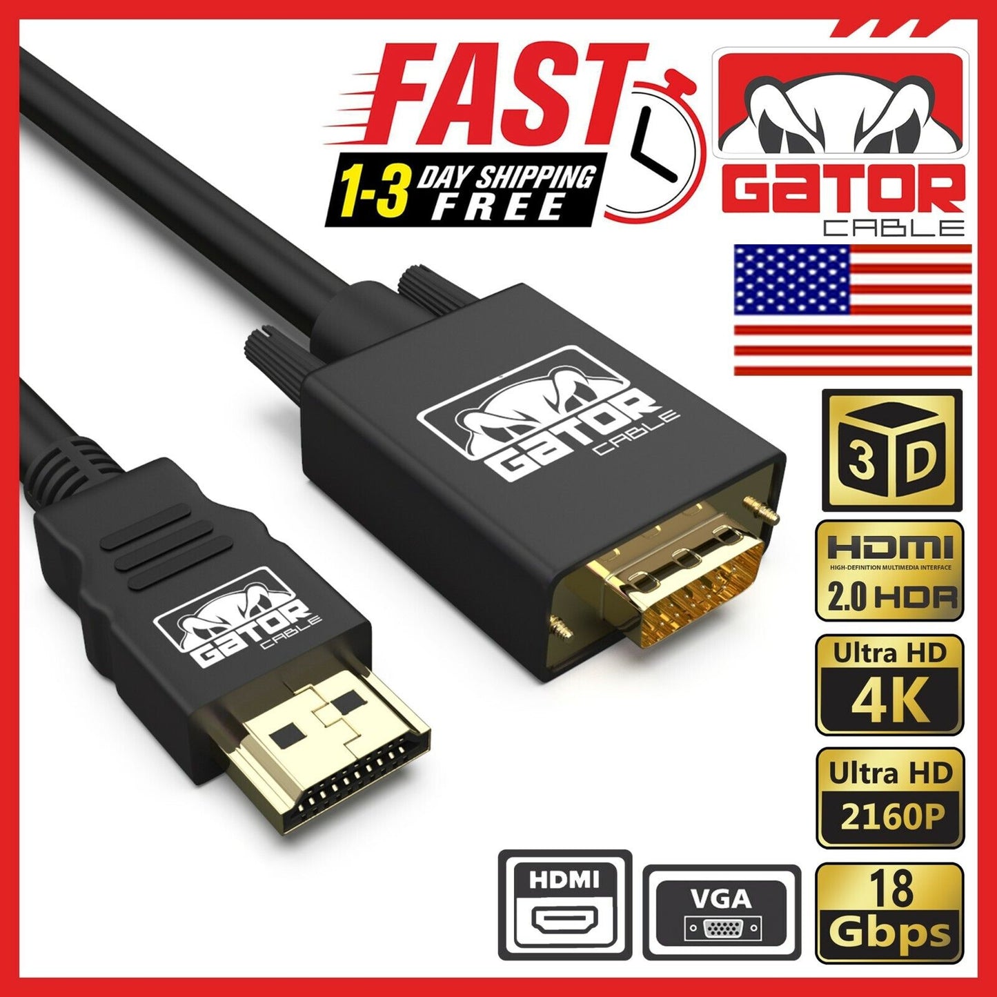 HDMI to VGA Cable Converter Adapter For HDTV PC Desktop Monitor Video 1080P 6FT