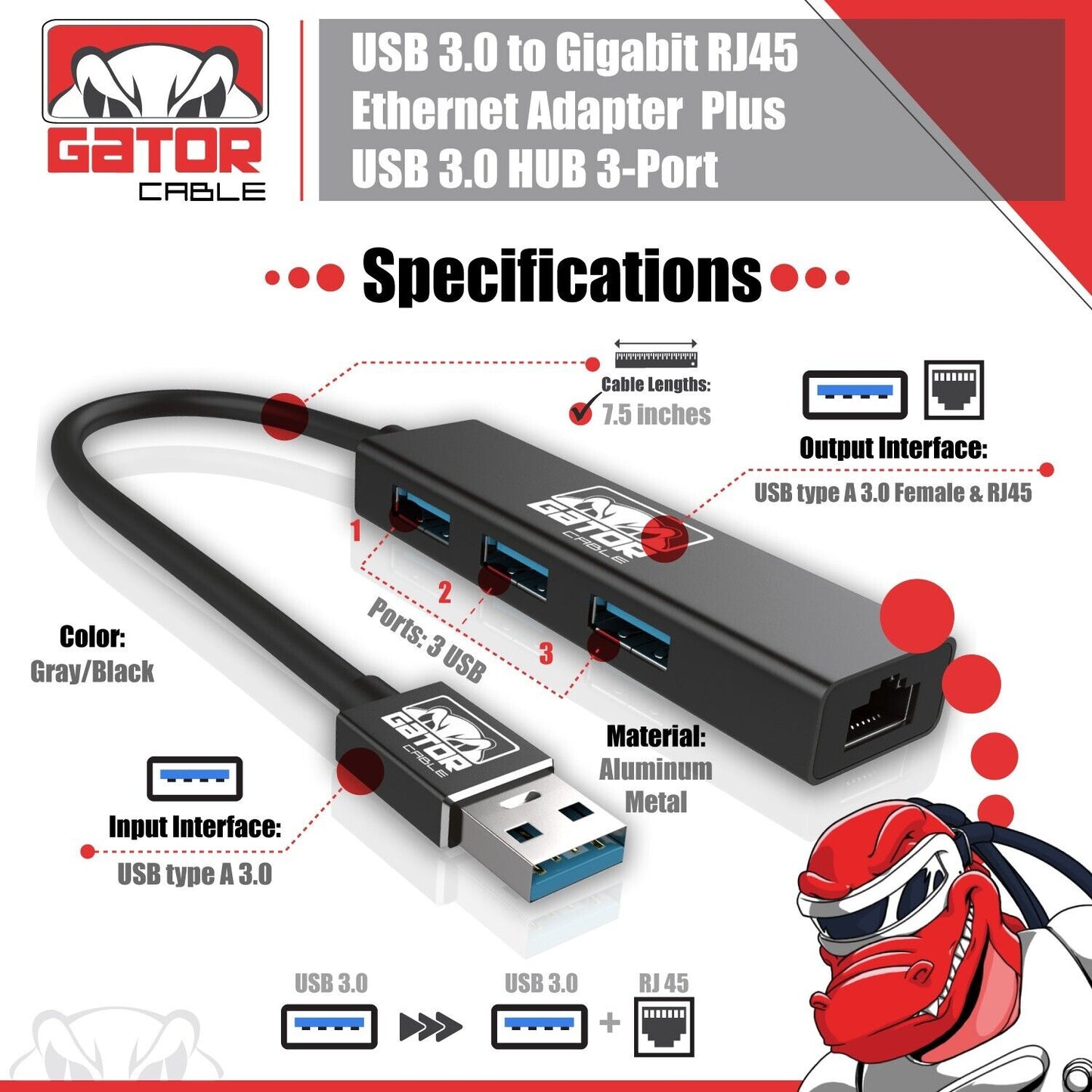 USB 3.0 Gigabit Ethernet LAN RJ45 1000Mbps Network Adapter 3-USB Port HUB PC Mac