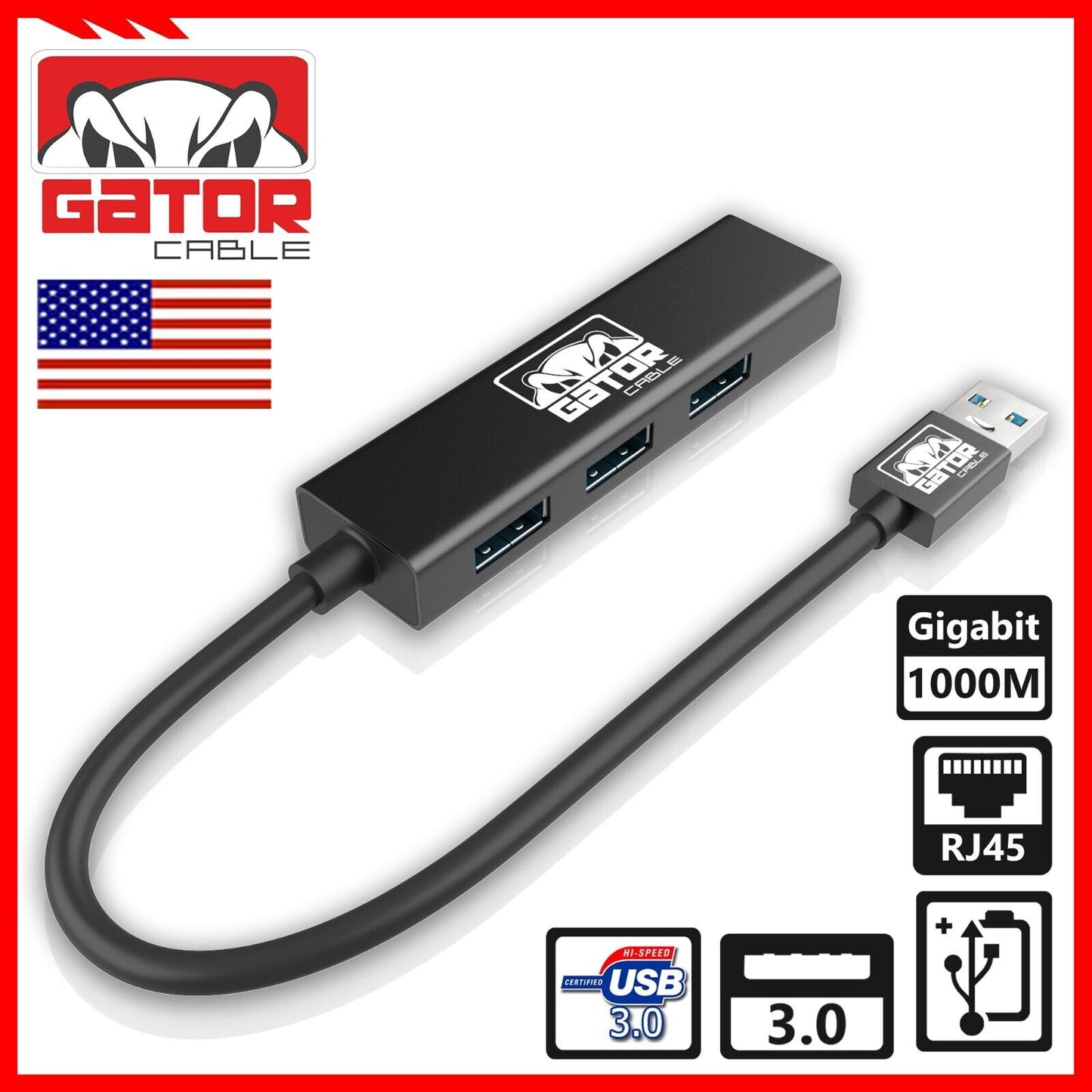 USB 3.0 Gigabit Ethernet LAN RJ45 1000Mbps Network Adapter 3-USB Port HUB PC Mac