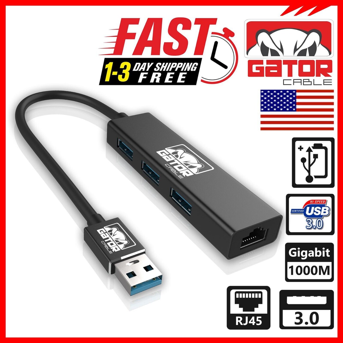 USB 3.0 Gigabit Ethernet LAN RJ45 1000Mbps Network Adapter 3-USB Port HUB PC Mac