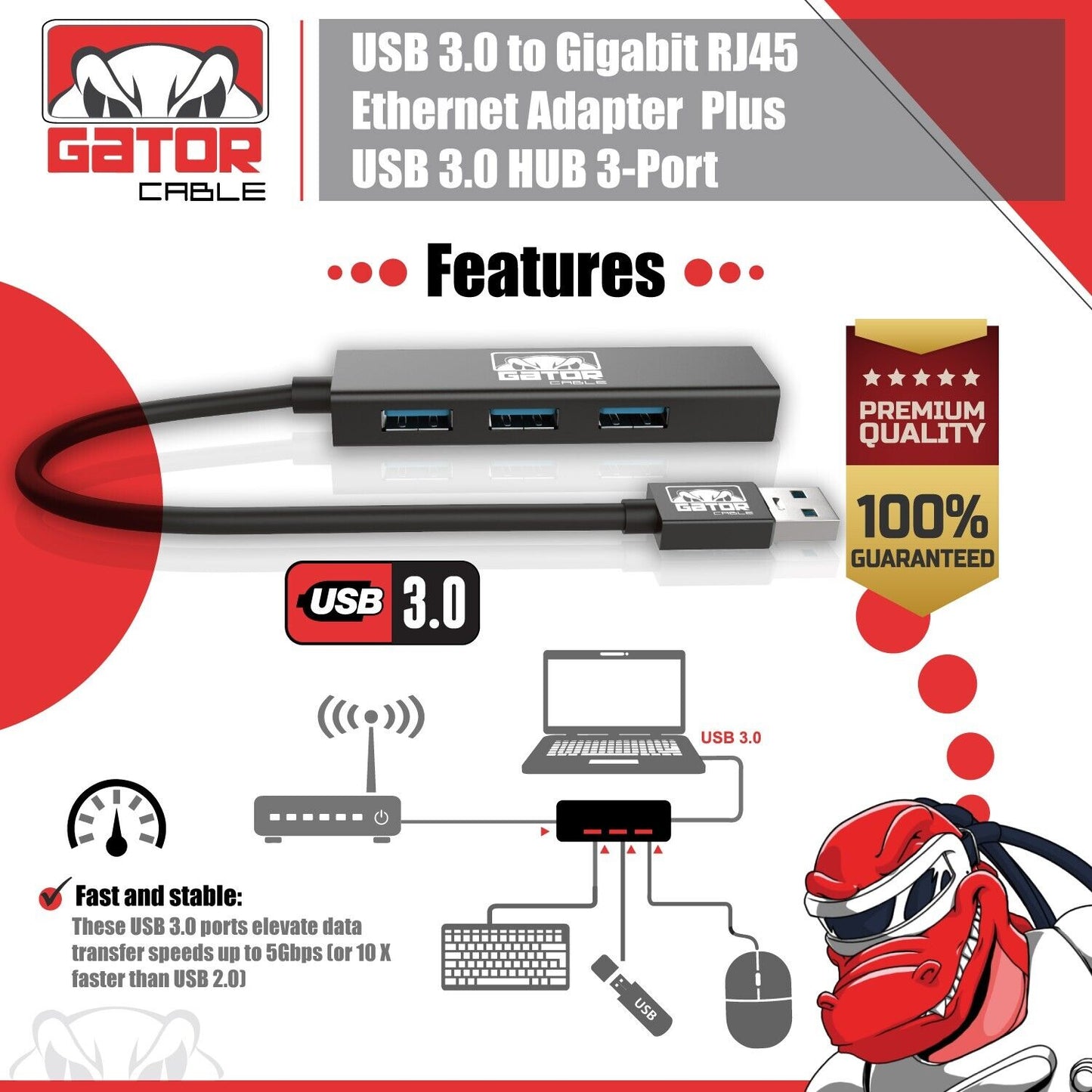 USB 3.0 Gigabit Ethernet LAN RJ45 1000Mbps Network Adapter 3-USB Port HUB PC Mac