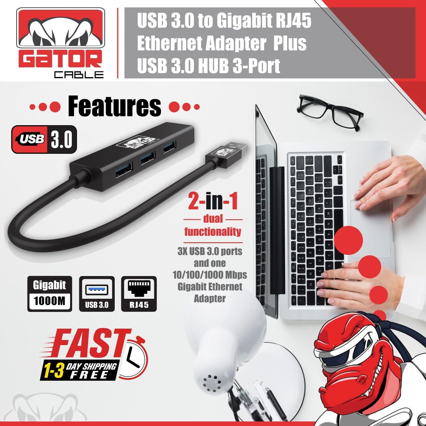 USB 3.0 Gigabit Ethernet LAN RJ45 1000Mbps Network Adapter 3-USB Port HUB PC Mac