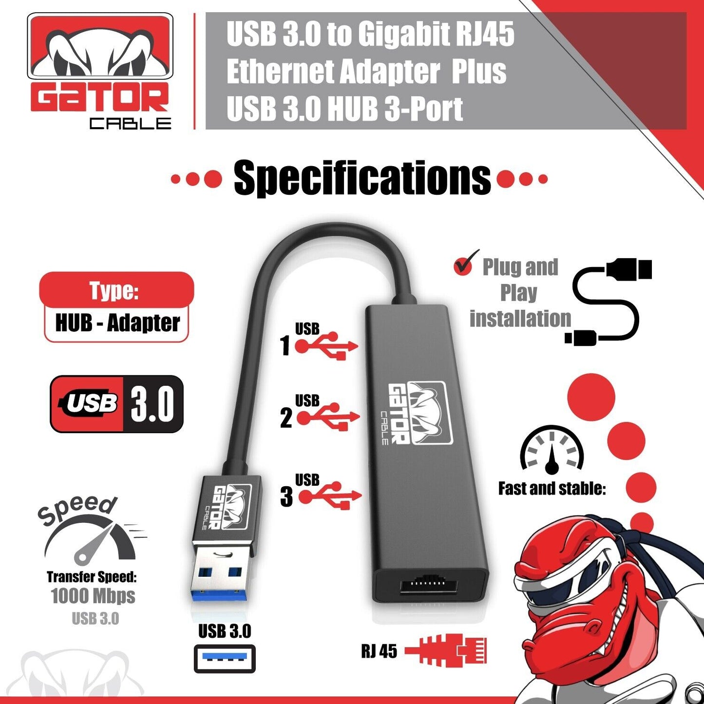 USB 3.0 Gigabit Ethernet LAN RJ45 1000Mbps Network Adapter 3-USB Port HUB PC Mac