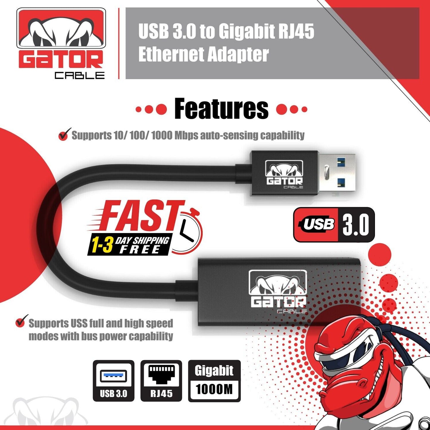 USB 3.0 Gigabit Ethernet LAN RJ45 1000Mbps Network Adapter 3-USB Port HUB PC Mac