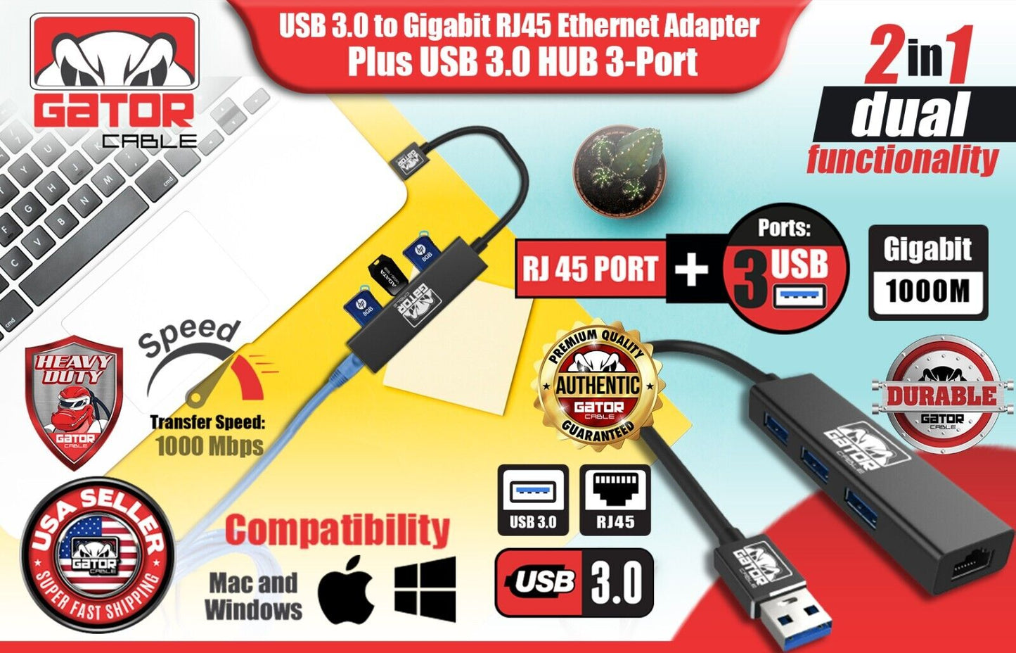 USB 3.0 Gigabit Ethernet LAN RJ45 1000Mbps Network Adapter 3-USB Port HUB PC Mac