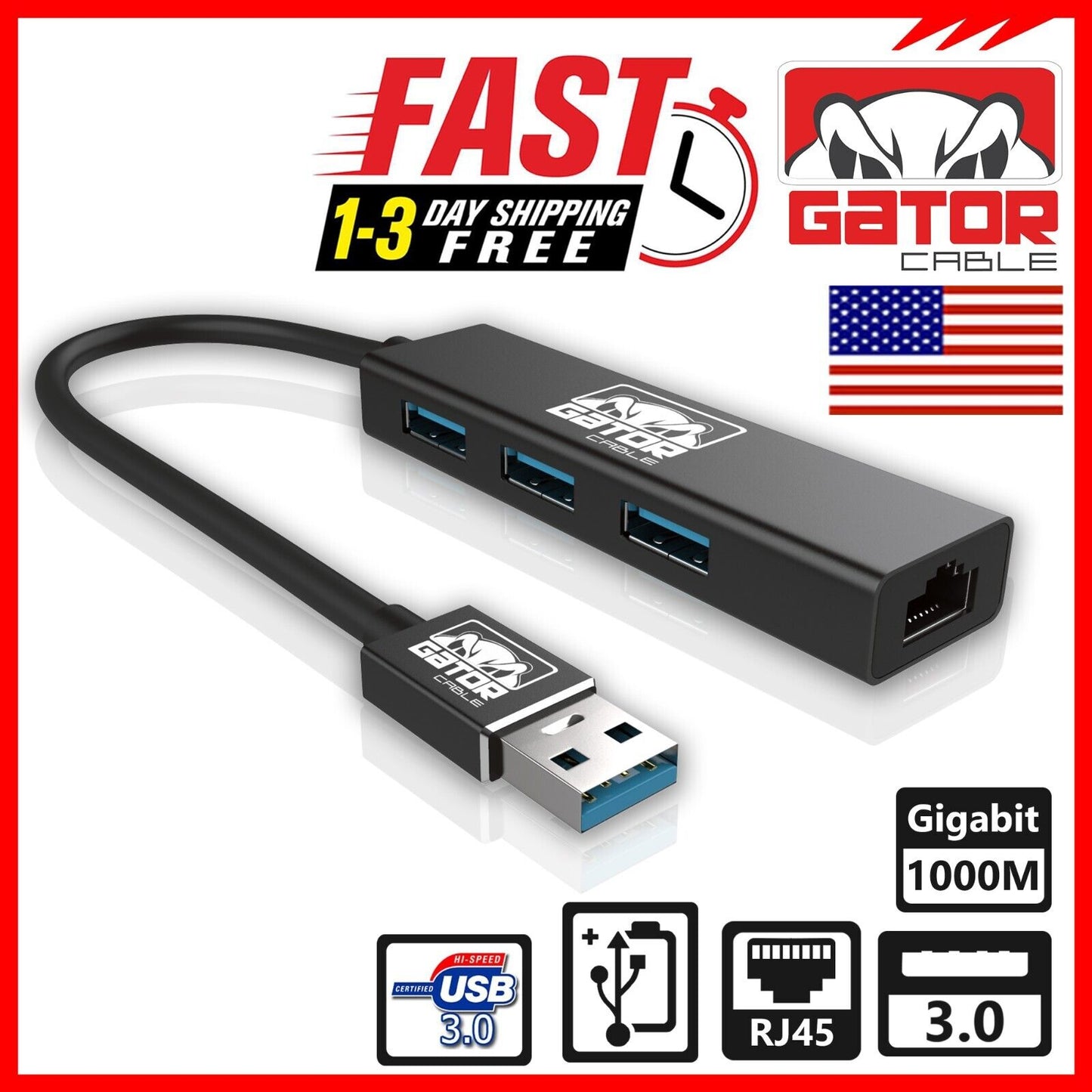 USB 3.0 Gigabit Ethernet LAN RJ45 1000Mbps Network Adapter 3-USB Port HUB PC Mac