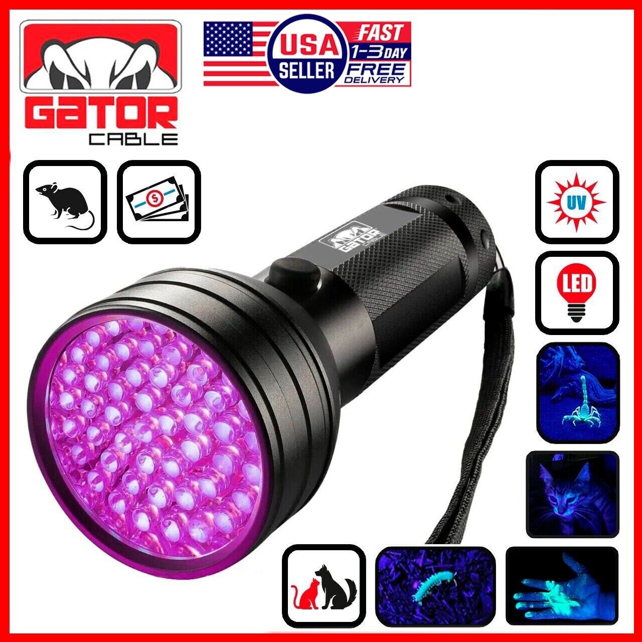 UV Ultraviolet Light 51 LED Flashlight Black Light 395nM Inspection La Gator Cable UV Ultraviolet Light 51 LED Flashlight Black Light 395nM Inspection La Gator Cable