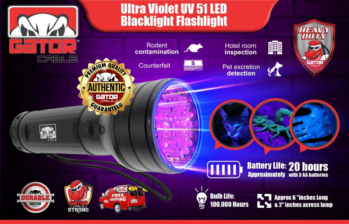 UV Ultraviolet Light 51 LED Flashlight Black Light 395nM Inspection Lamp Torch