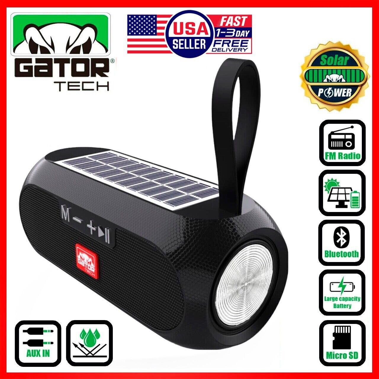 Solar Power Bluetooth Wireless Portable Speaker Stereo Bass USB SD FM Radio LOUD
