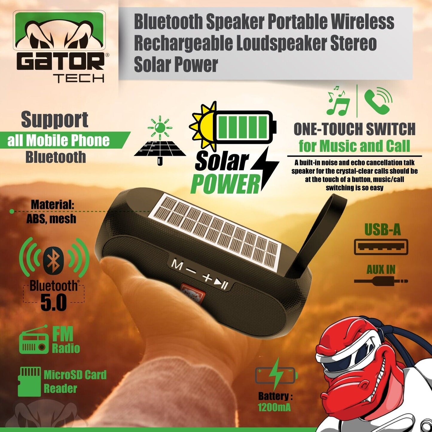 Solar Power Bluetooth Wireless Portable Speaker Stereo Bass USB SD FM Radio LOUD