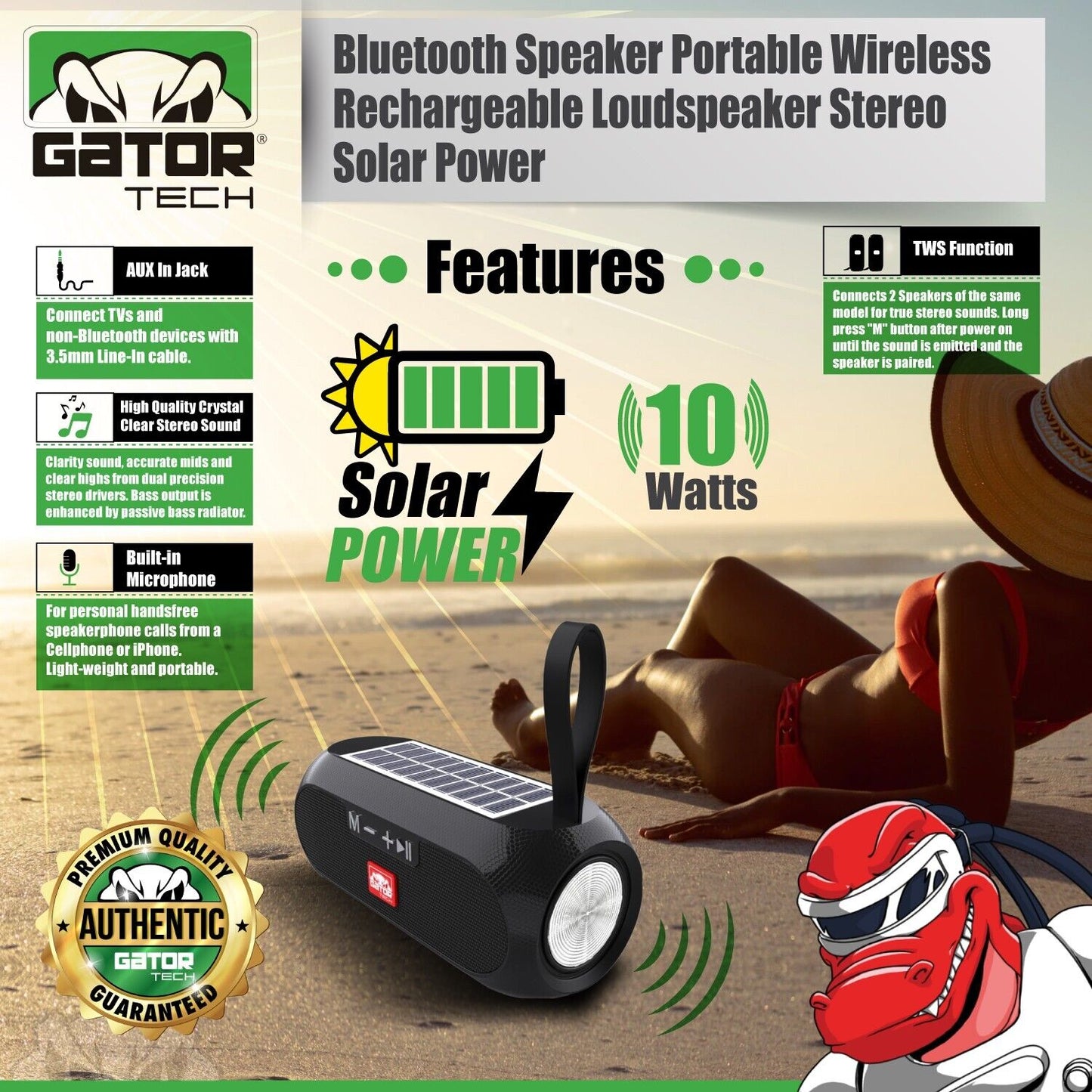 Solar Power Bluetooth Wireless Portable Speaker Stereo Bass USB SD FM Radio LOUD