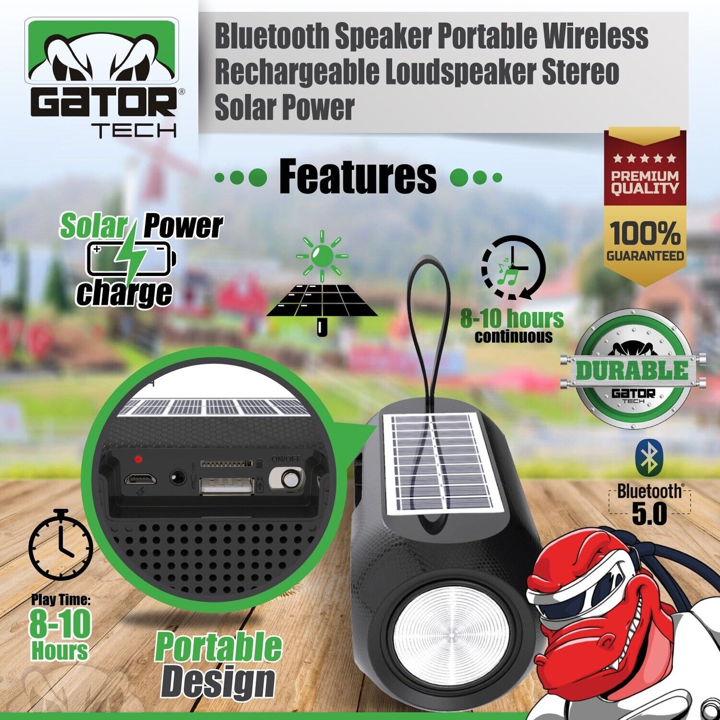 Solar Power Bluetooth Wireless Portable Speaker Stereo Bass USB SD FM Radio LOUD