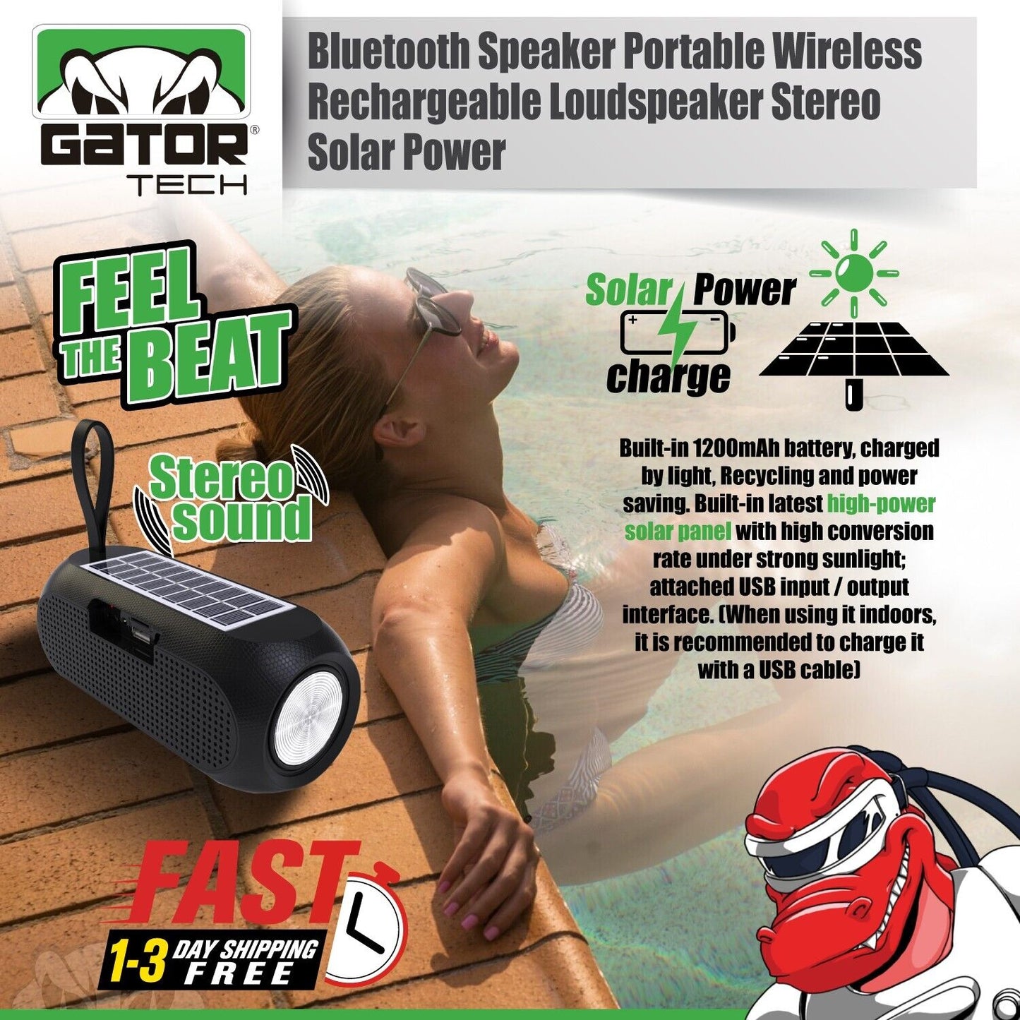 Solar Power Bluetooth Wireless Portable Speaker Stereo Bass USB SD FM Radio LOUD