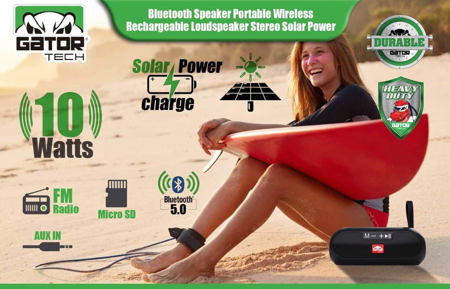 Solar Power Bluetooth Wireless Portable Speaker Stereo Bass USB SD FM Radio LOUD