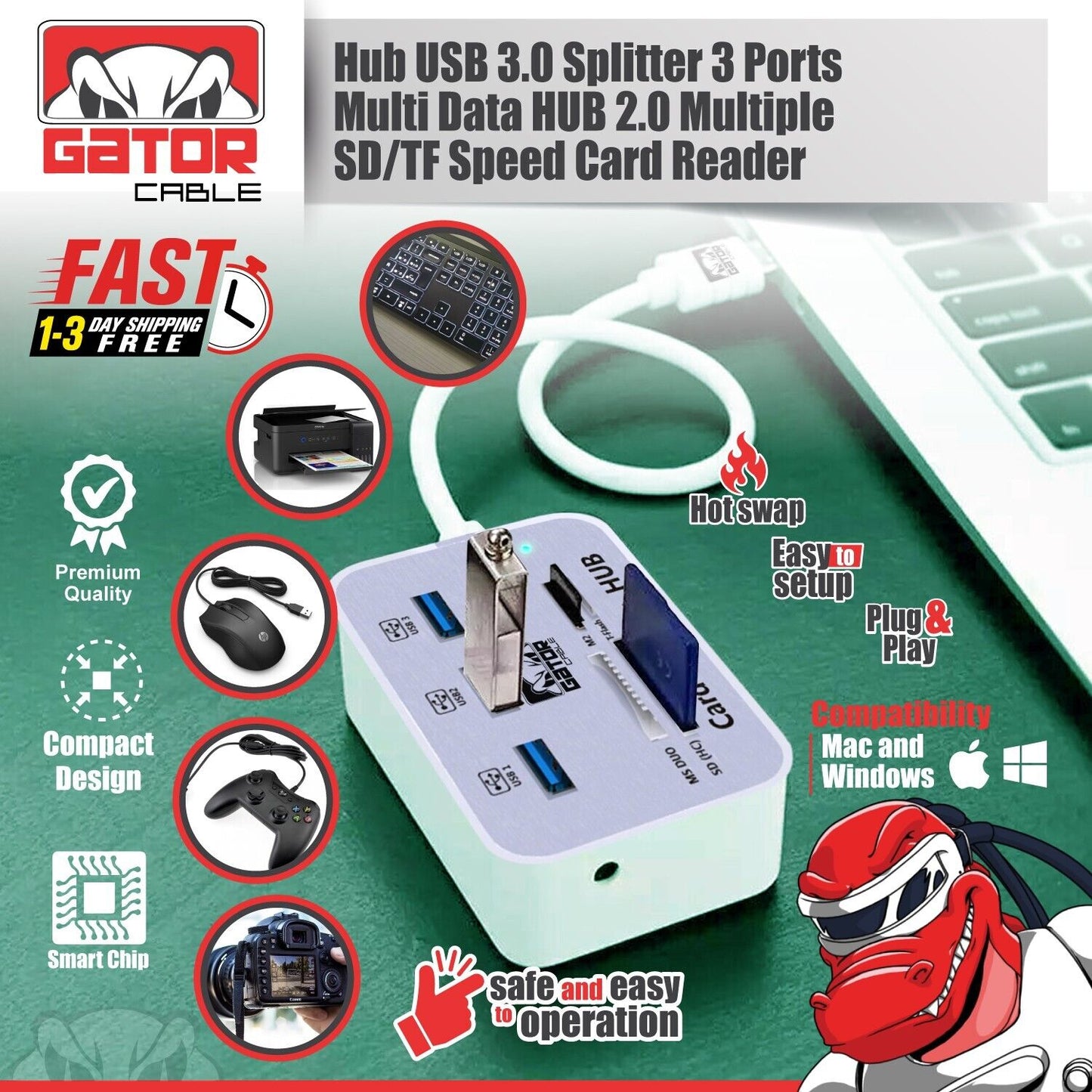 USB 3.0 Card Reader HUB 3-USB-A Port Multi Memory MS Micro SD M2 TF Slot Adapter