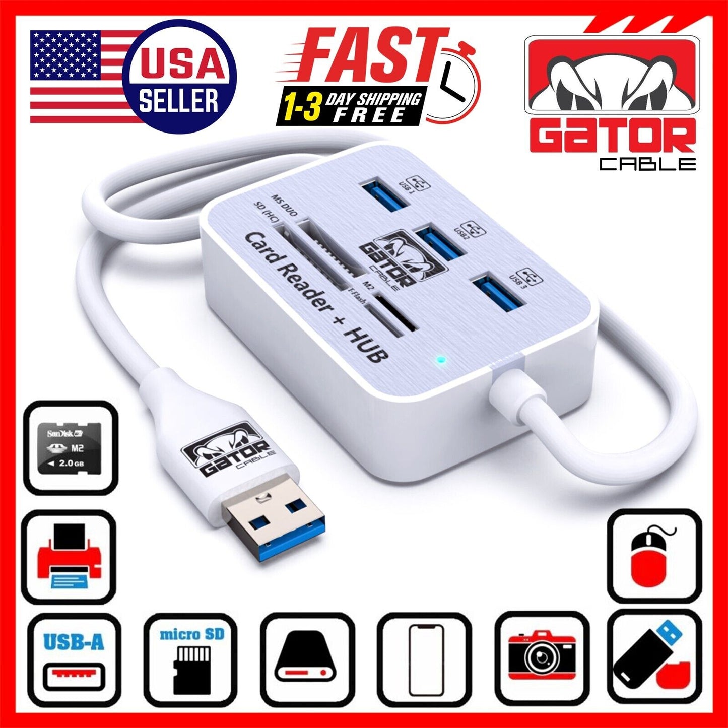 USB 3.0 Card Reader HUB 3-USB-A Port Multi Memory MS Micro SD M2 TF Slot Adapter