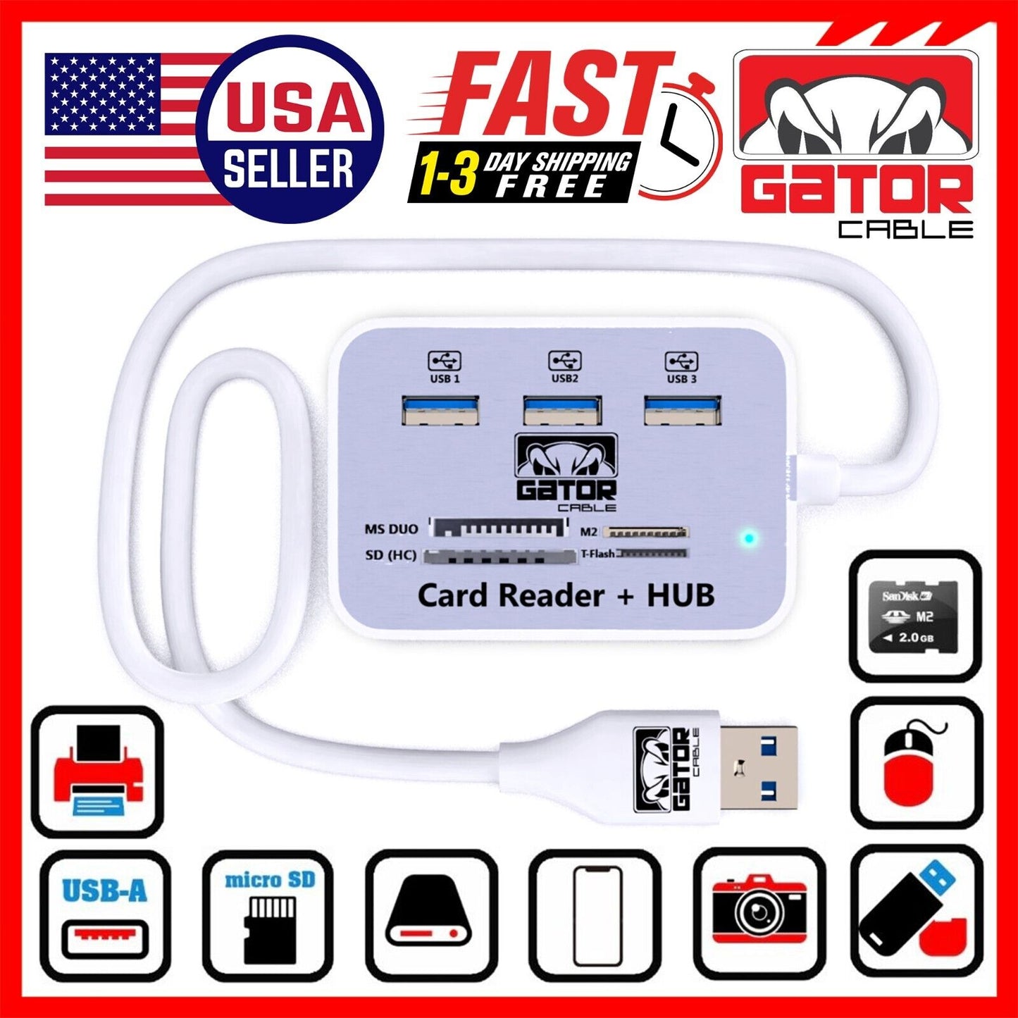 USB 3.0 Card Reader HUB 3-USB-A Port Multi Memory MS Micro SD M2 TF Slot Adapter