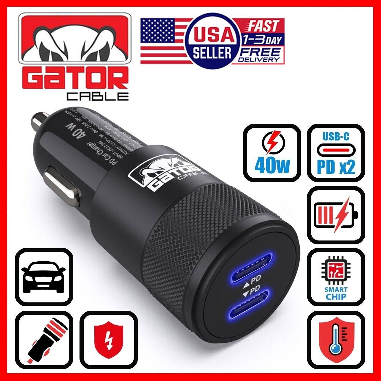 USB-C PD Car Charger 40W 3.1A Fast Charge Dual 2 Port Adapter for Samsung iPhone