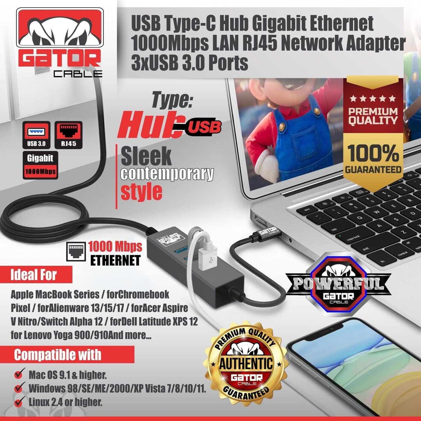 USB-C 3.1 Gigabit Ethernet LAN RJ45 1000Mbps Network Adapter 3-Port HUB PC Mac
