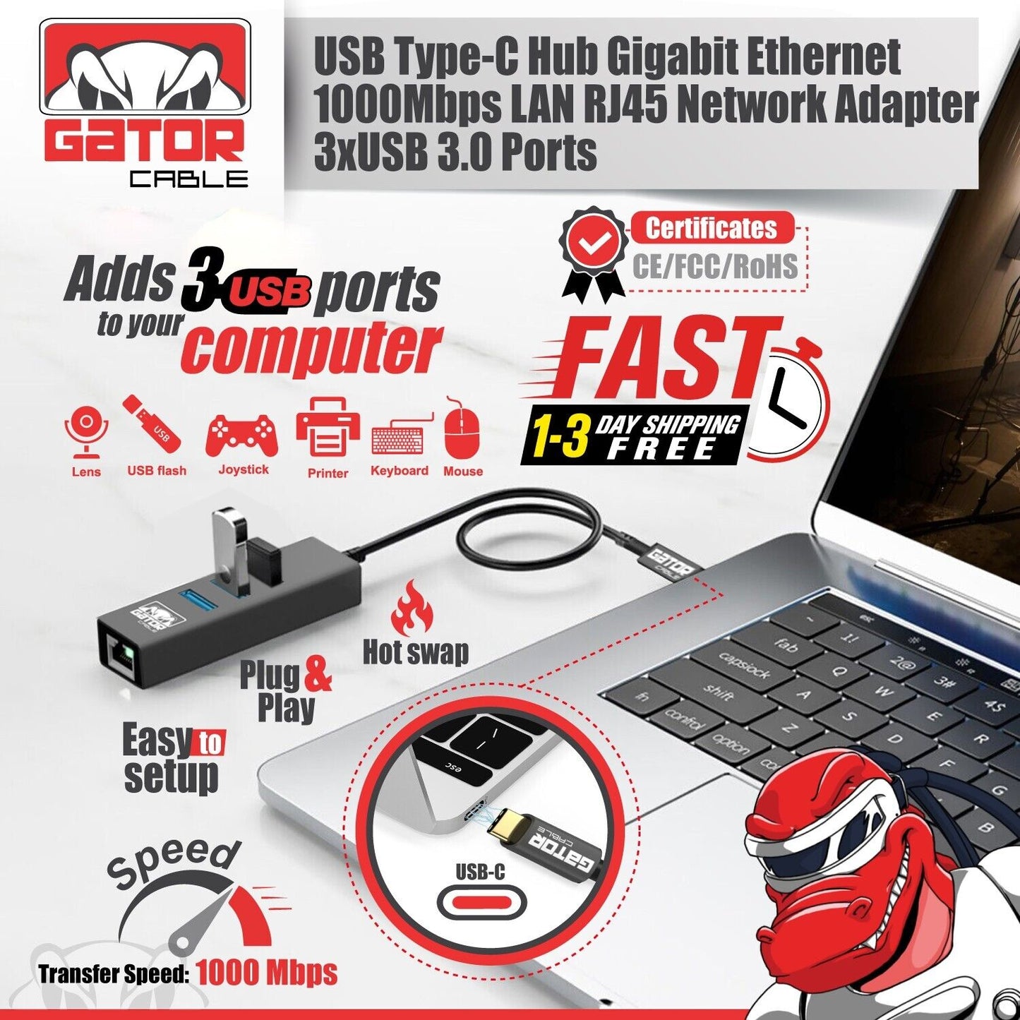 USB-C 3.1 Gigabit Ethernet LAN RJ45 1000Mbps Network Adapter 3-Port HUB PC Mac