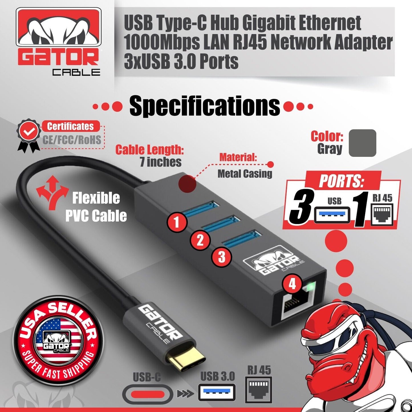 USB-C 3.1 Gigabit Ethernet LAN RJ45 1000Mbps Network Adapter 3-Port HUB PC Mac