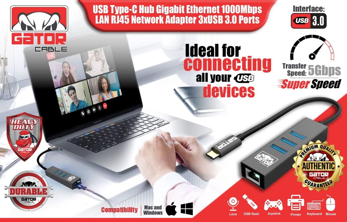 USB-C 3.1 Gigabit Ethernet LAN RJ45 1000Mbps Network Adapter 3-Port HUB PC Mac