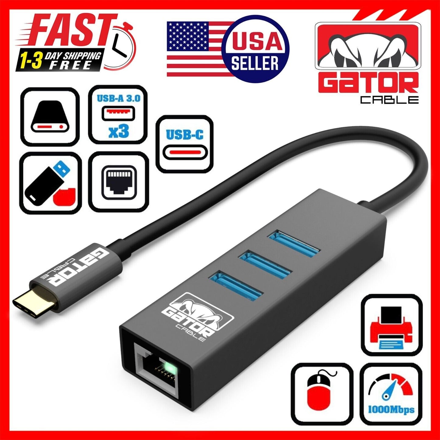 USB-C 3.1 Gigabit Ethernet LAN RJ45 1000Mbps Network Adapter 3-Port HUB PC Mac
