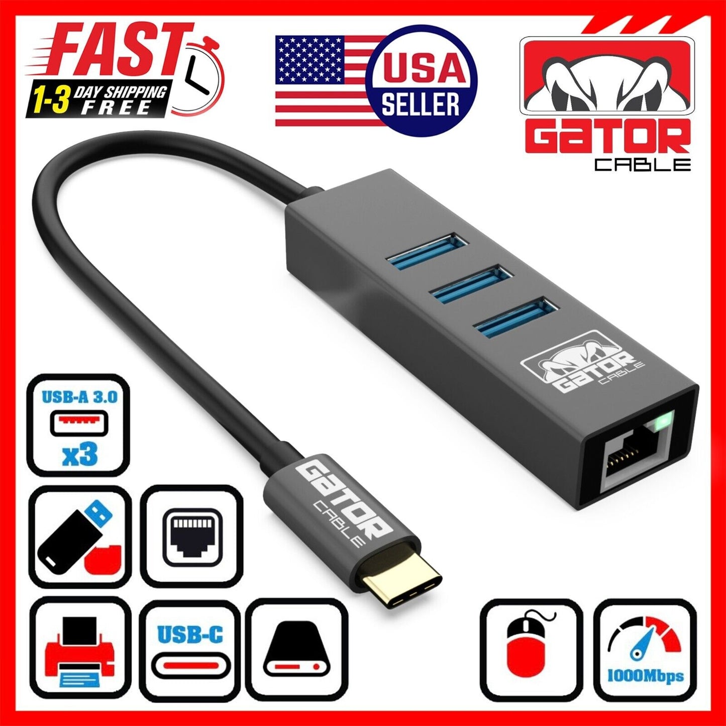 USB-C 3.1 Gigabit Ethernet LAN RJ45 1000Mbps Network Adapter 3-Port HUB PC Mac