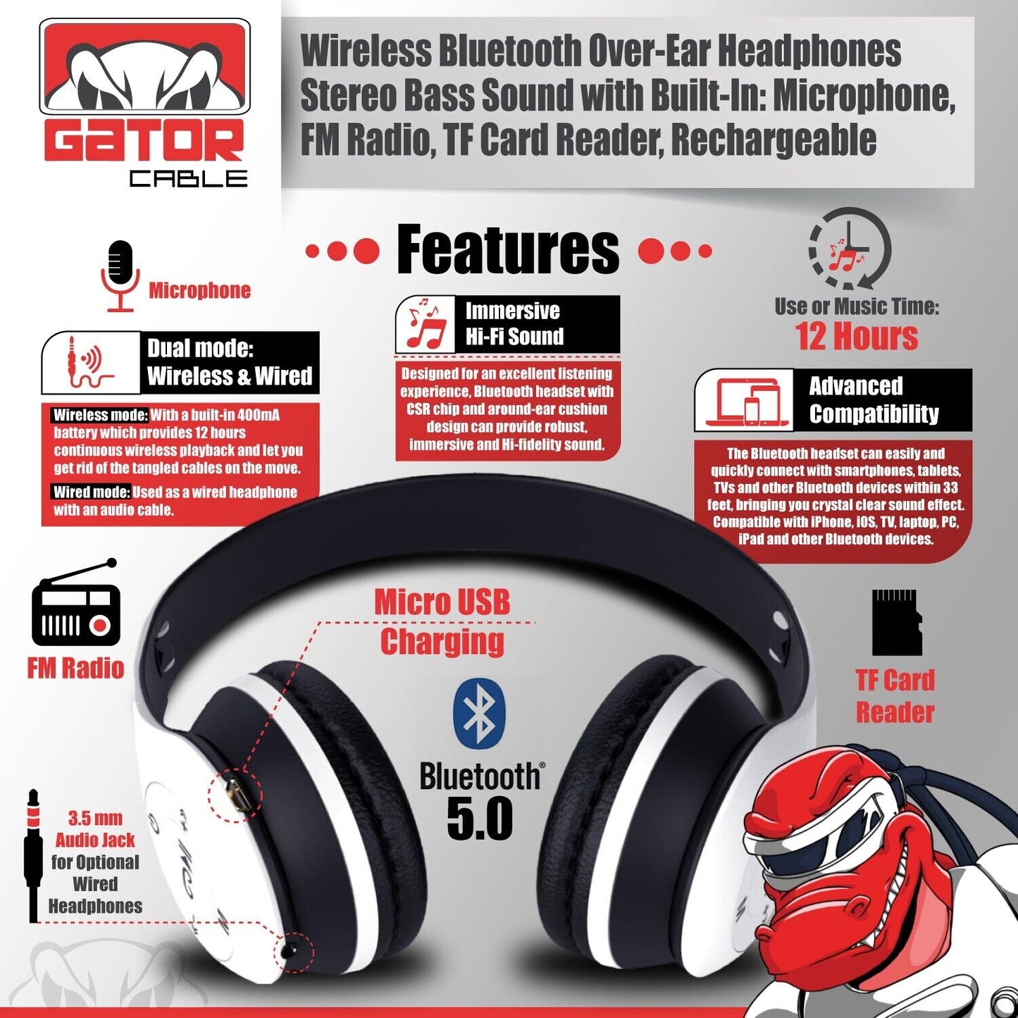 Wireless Bluetooth 5.0 Headphones Headset Over-Ear FM Radio MIC Foldable TF Card