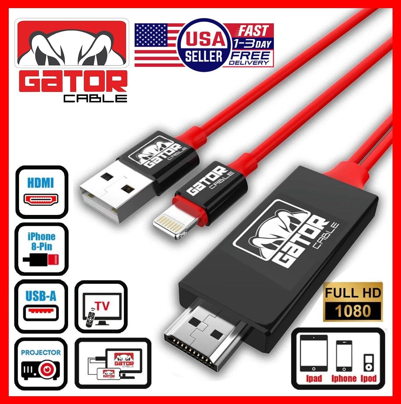 HDMI AV HDTV Mirroring Cable Adapter For iPhone 7 8 X 11 12 13 14 Pro Max Plus