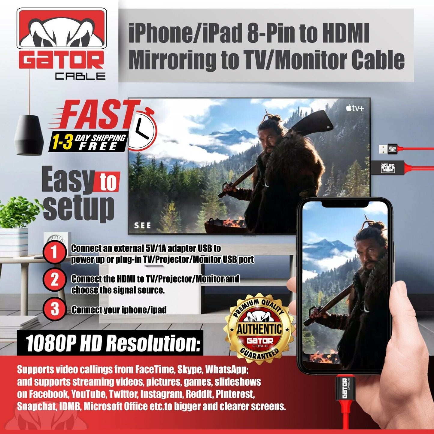 HDMI AV HDTV Mirroring Cable Adapter For iPhone 7 8 X 11 12 13 14 Pro Max Plus