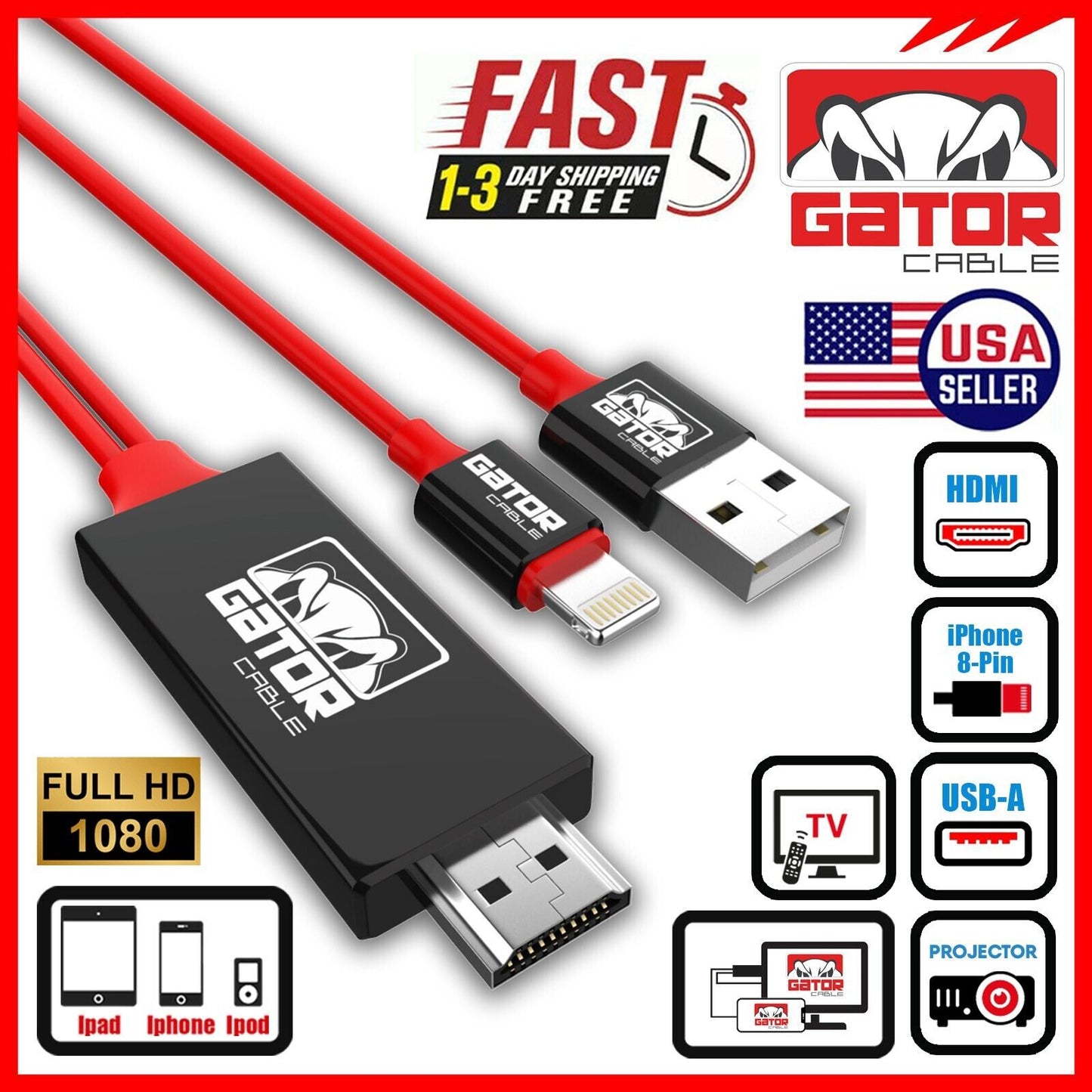 HDMI AV HDTV Mirroring Cable Adapter For iPhone 7 8 X 11 12 13 14 Pro Max Plus