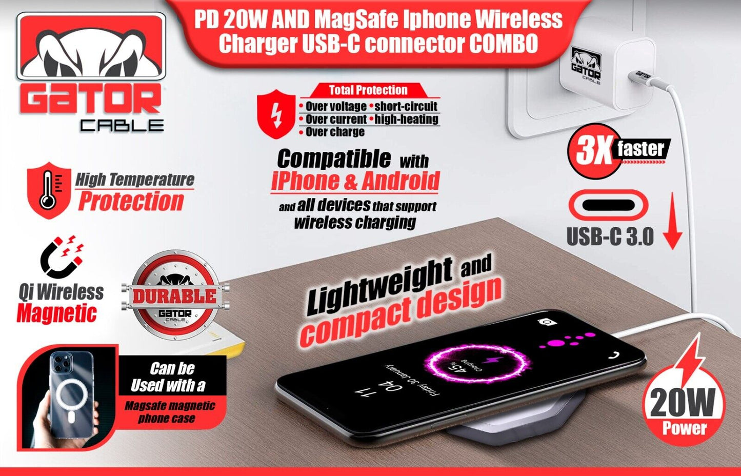 MagSafe Magnet Wireless Pad USB-C PD 20W Wall Charger for iPhone 11 12 13 14 15