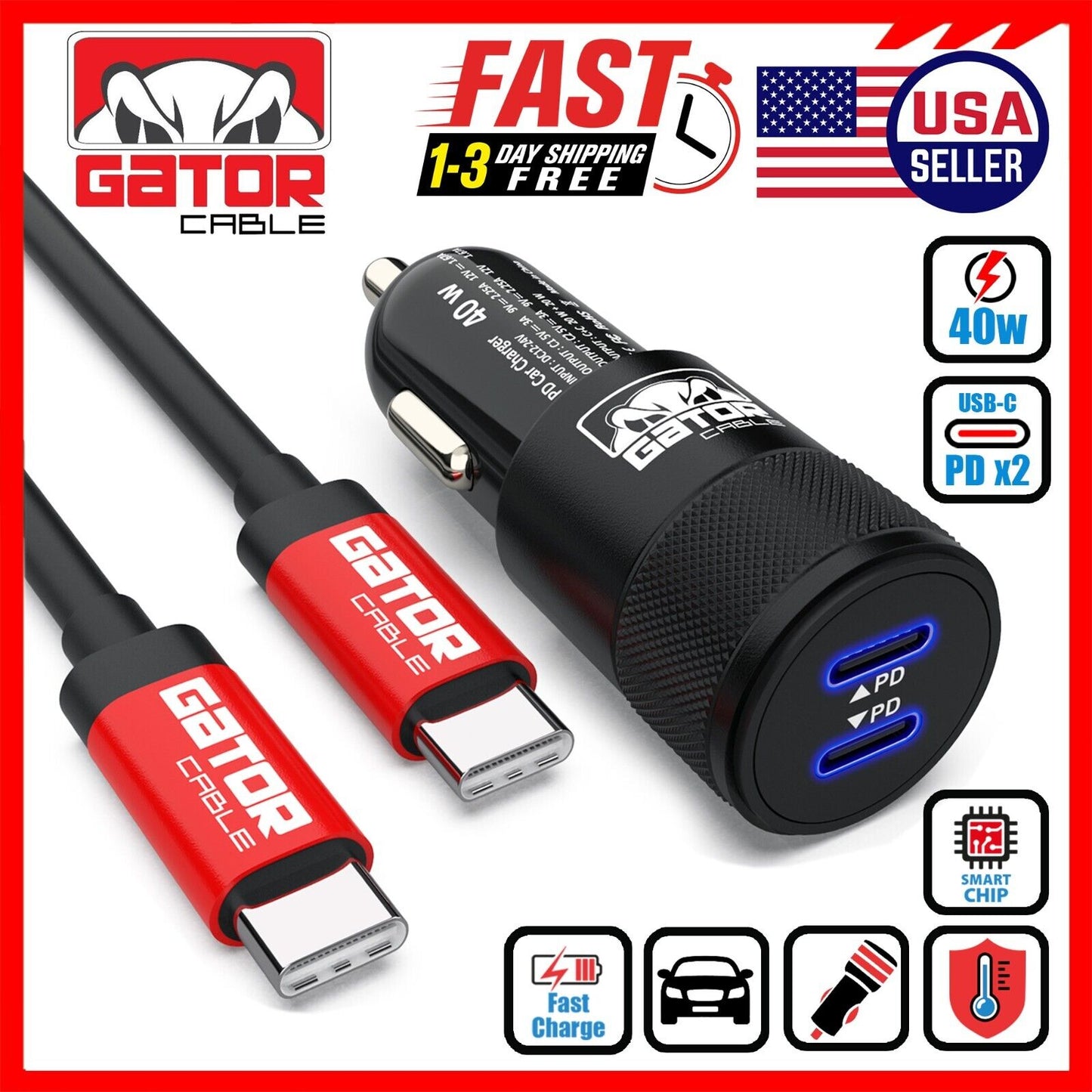 USB C To USB C Cable PD 40W Dual Type C Car Charger Adapter For Samsung iPhone