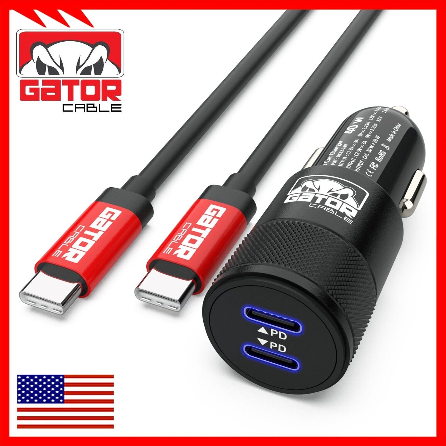 USB C To USB C Cable PD 40W Dual Type C Car Charger Adapter For Samsung iPhone