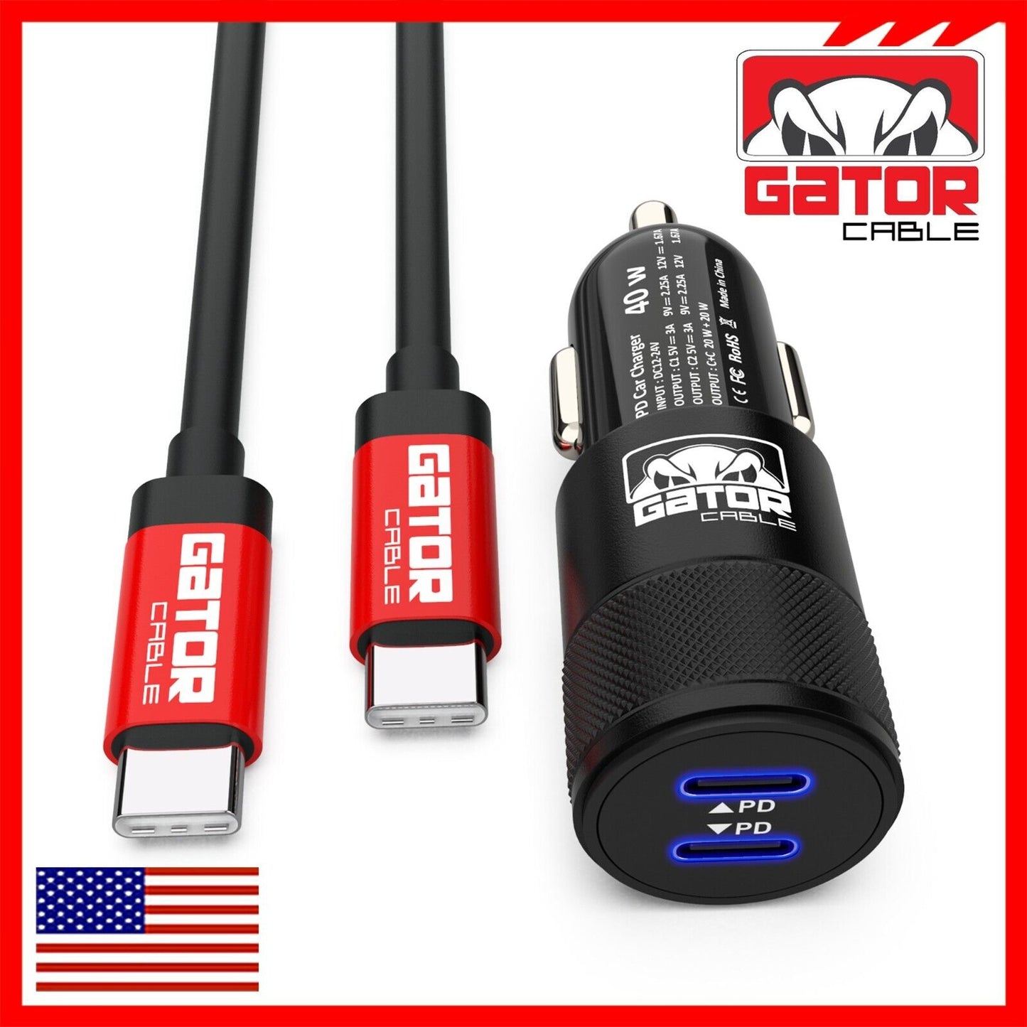USB C To USB C Cable PD 40W Dual Type C Car Charger Adapter For Samsung iPhone