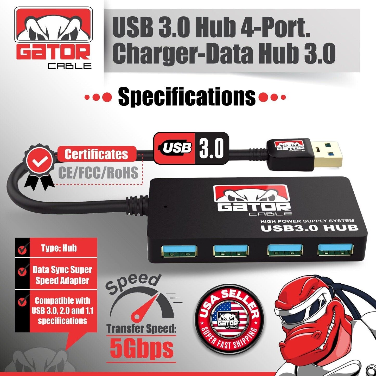 USB 3.0 Hub 4-Port Adapter Charger Data Super Speed for PC Mac Laptop Desktop